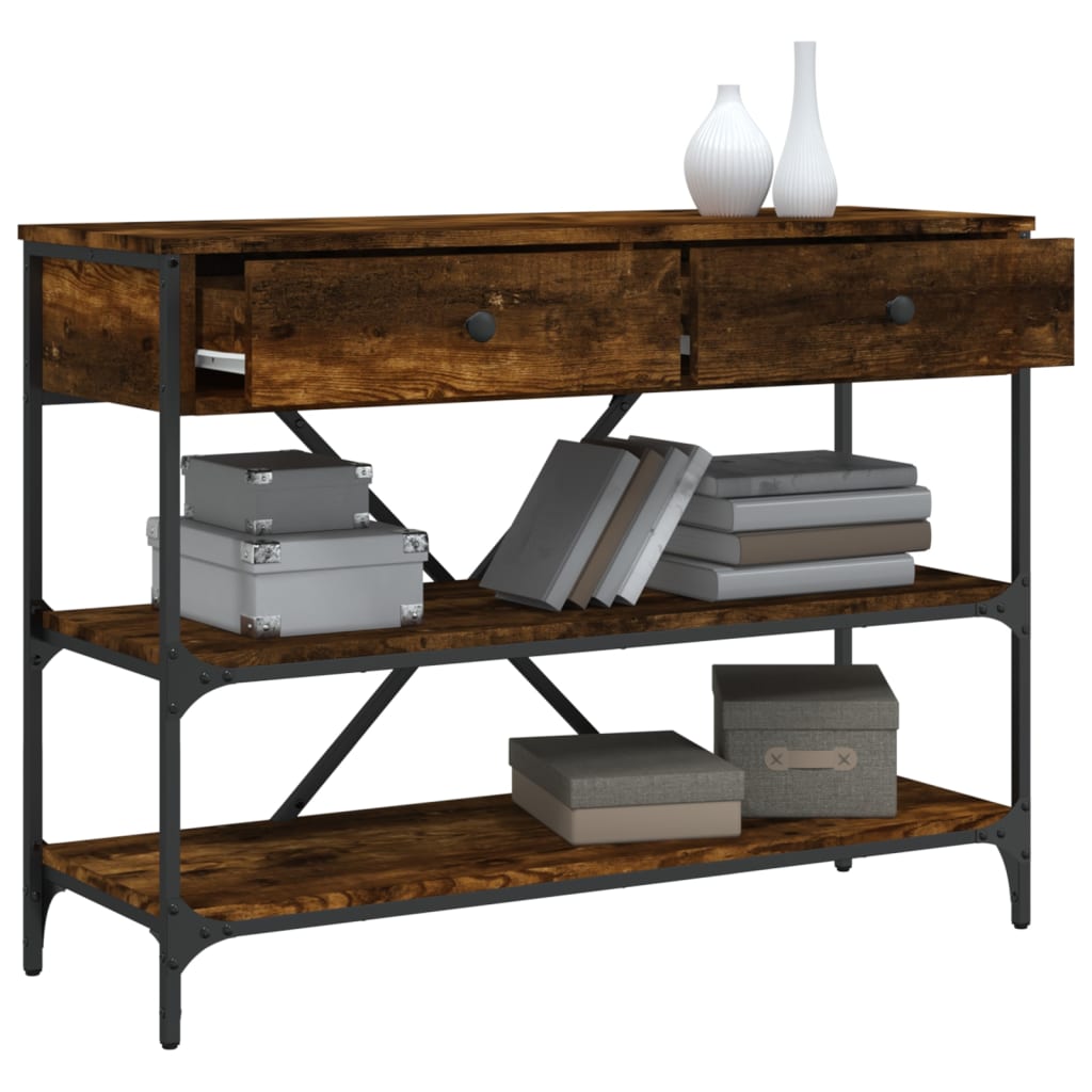 Table console avec tiroirs et étagères chêne fumé - XIOS