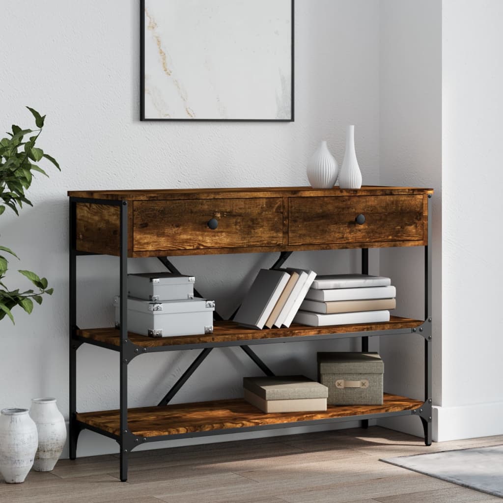 Table console avec tiroirs et étagères chêne fumé - XIOS