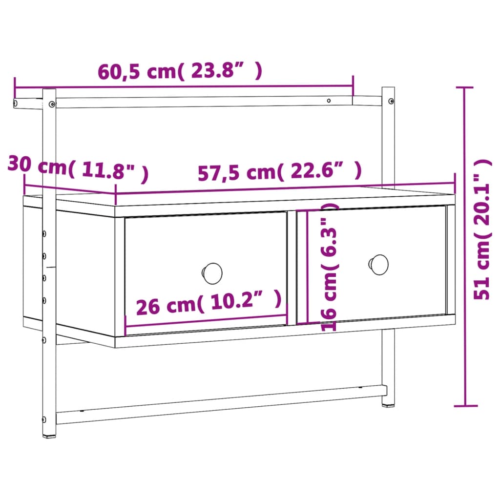 Meuble TV mural chêne marron 60,5x30x51 cm bois d'ingénierie - XIOS