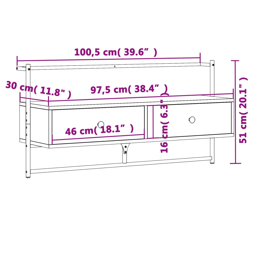 Meuble TV mural chêne marron 100,5x30x51 cm bois d'ingénierie - XIOS