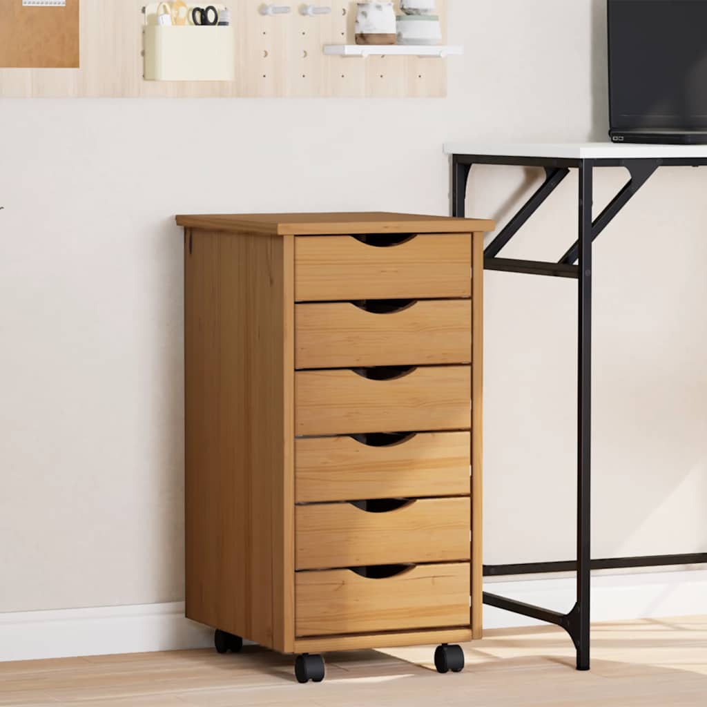 Armoire roulante avec tiroirs MOSS bois de pin marron miel