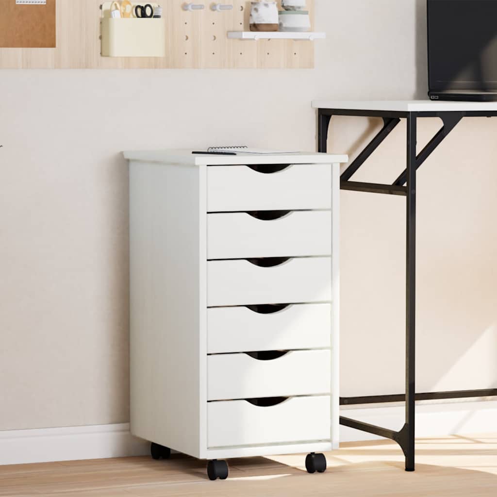 Armoire roulante avec tiroirs MOSS blanc bois de pin solide