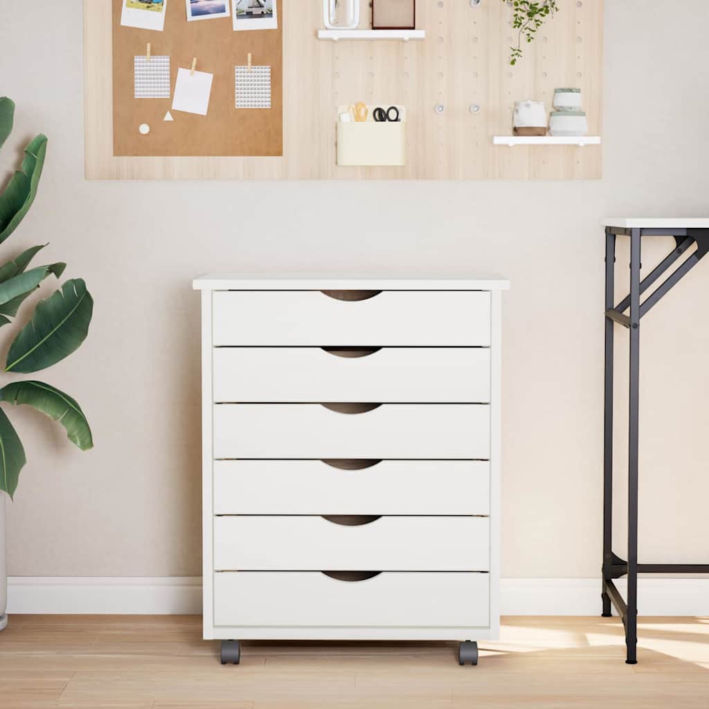 Armoire roulante avec tiroirs MOSS blanc bois de pin solide