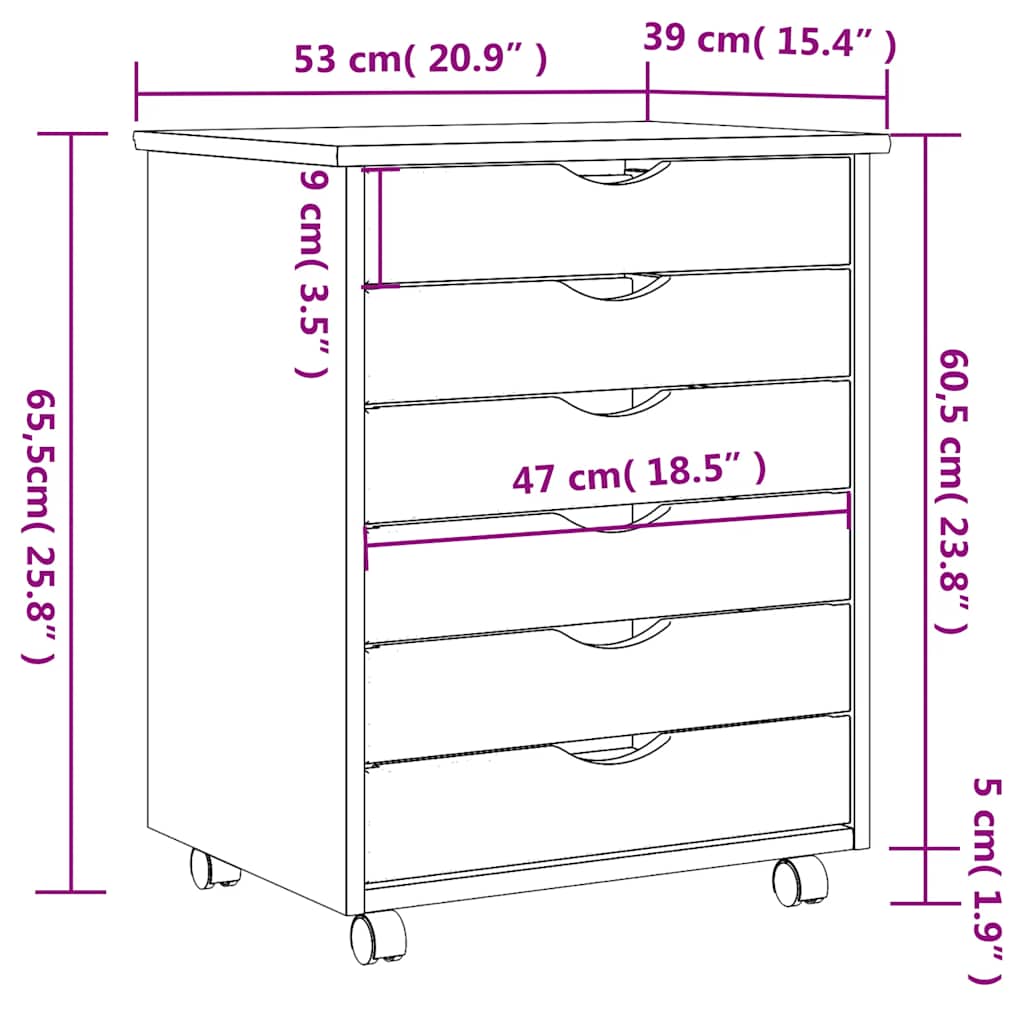 Armoire roulante avec tiroirs MOSS blanc bois de pin solide