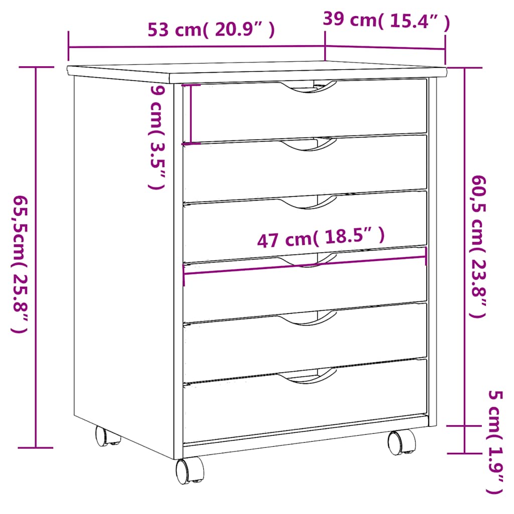 Armoire roulante avec tiroirs MOSS gris bois de pin solide