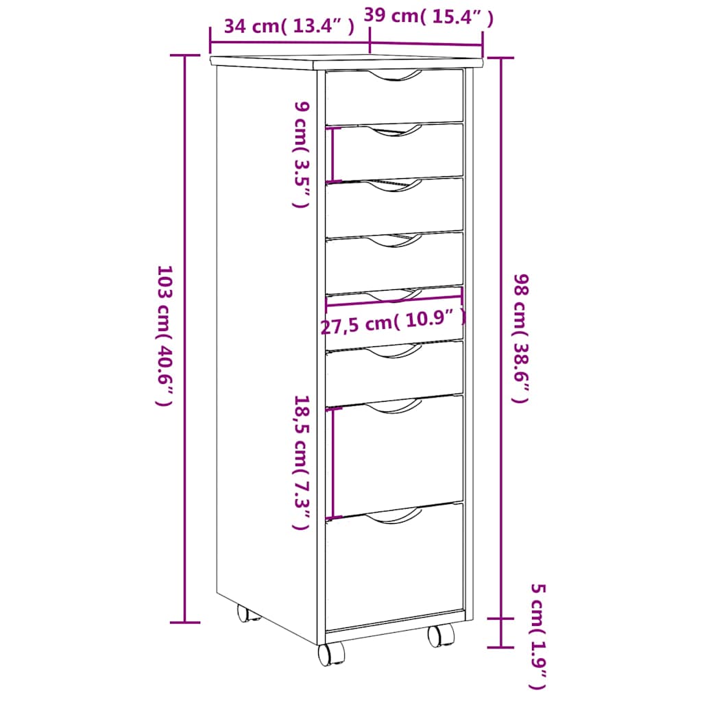 Armoire roulante avec tiroirs MOSS gris bois de pin solide