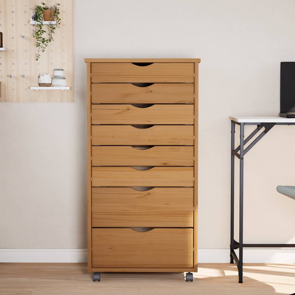 Armoire roulante avec tiroirs MOSS bois de pin marron miel