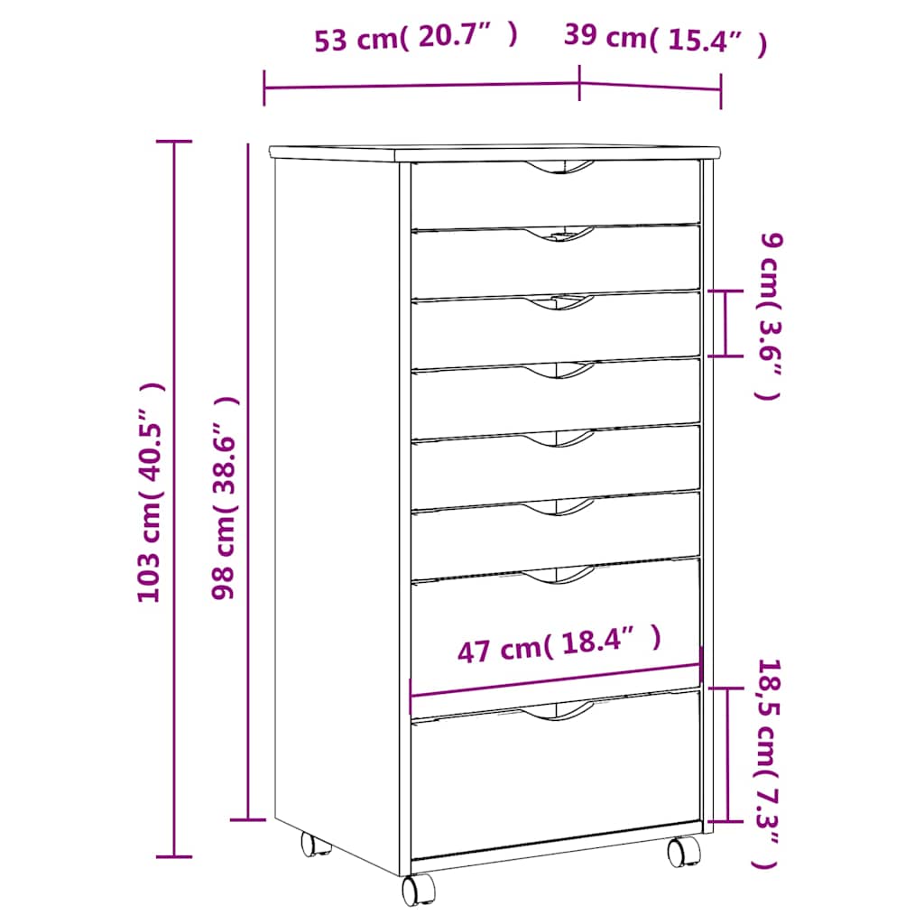 Armoire roulante avec tiroirs MOSS bois de pin marron miel