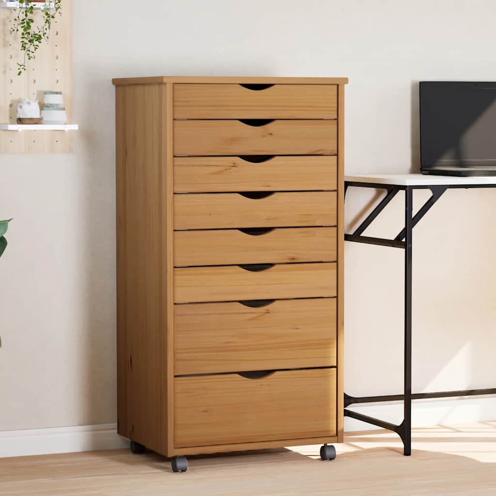 Armoire roulante avec tiroirs MOSS bois de pin marron miel