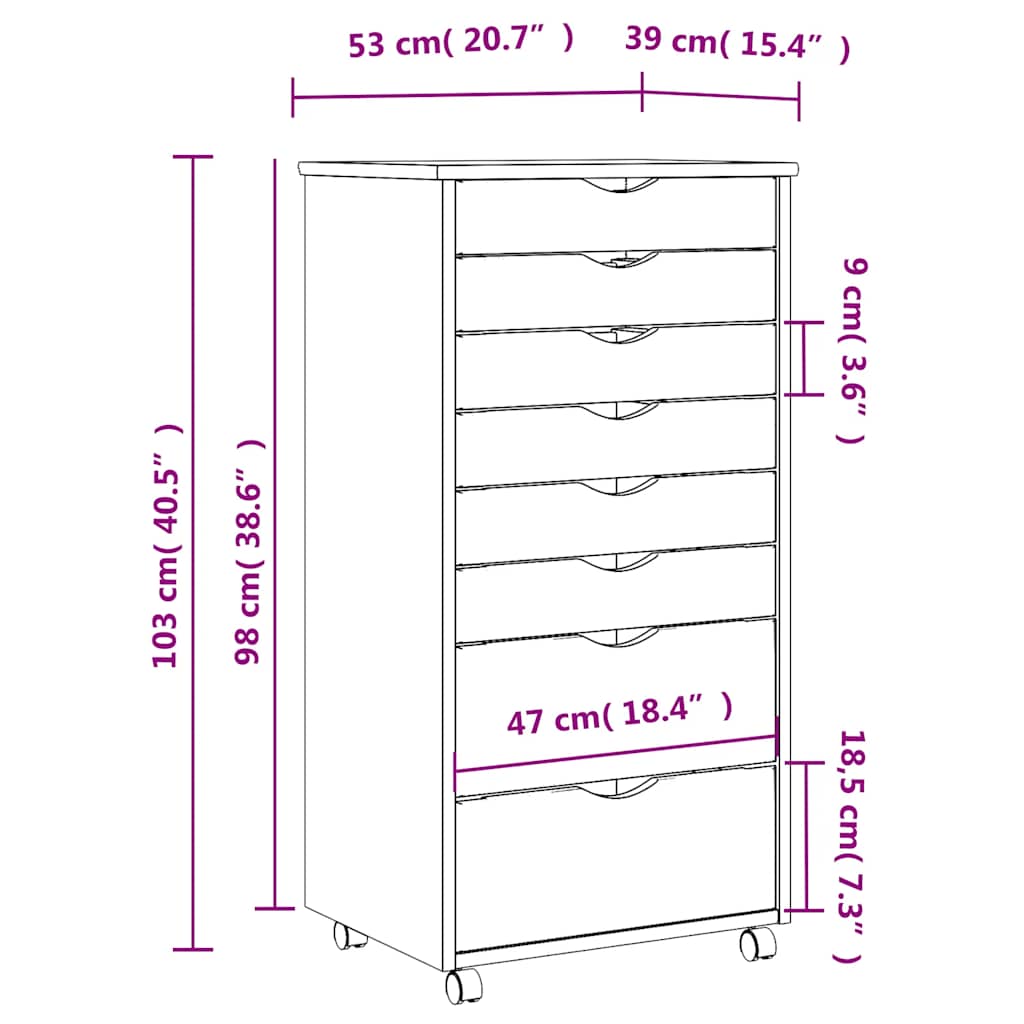Armoire roulante avec tiroirs MOSS blanc bois de pin solide