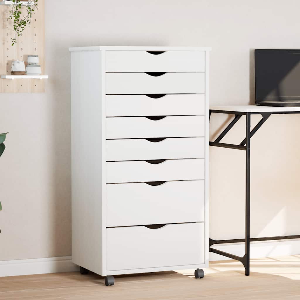 Armoire roulante avec tiroirs MOSS blanc bois de pin solide