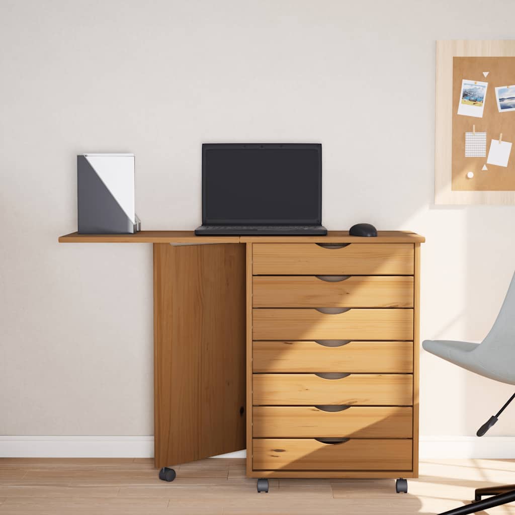 Armoire roulante avec bureau MOSS marron miel bois de pin