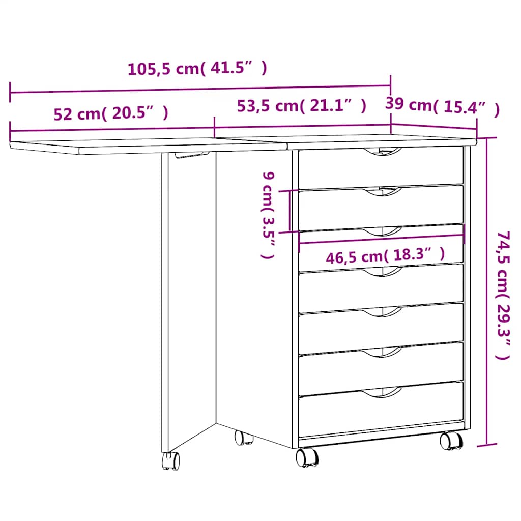 Armoire roulante avec bureau MOSS marron miel bois de pin