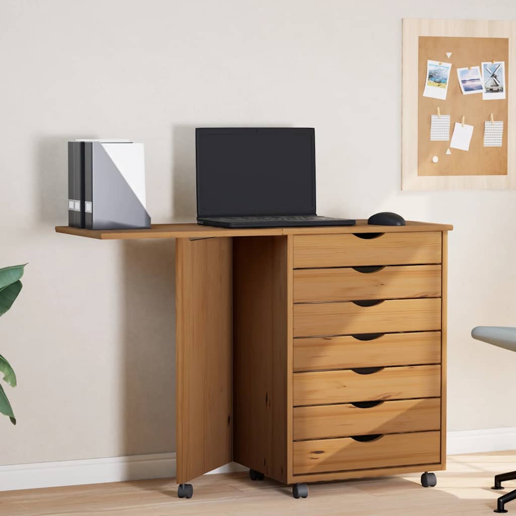 Armoire roulante avec bureau MOSS marron miel bois de pin