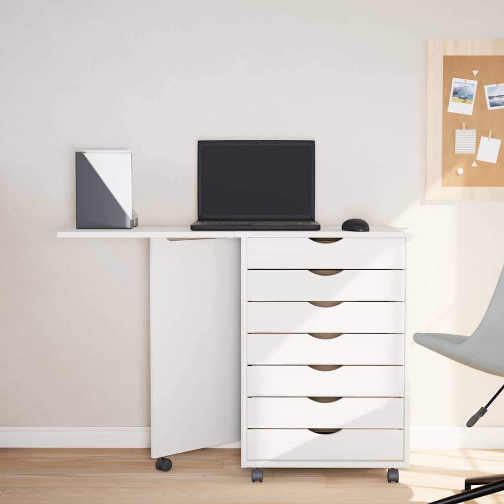 Armoire roulante avec bureau MOSS blanc bois de pin solide