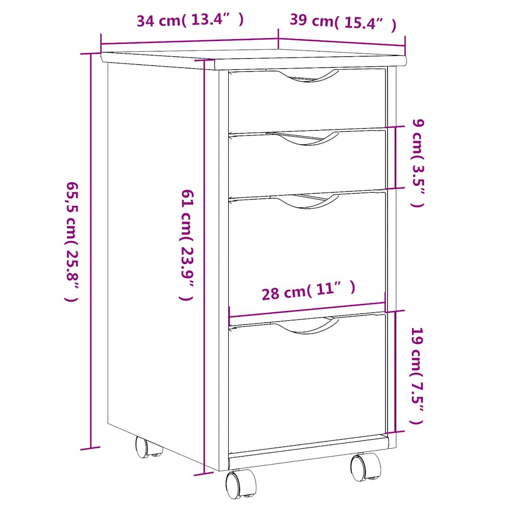 Armoire roulante avec tiroirs MOSS gris bois de pin solide
