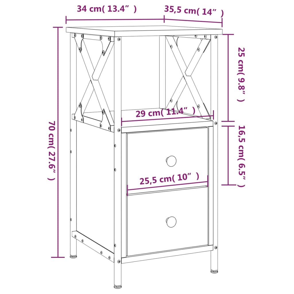 Table de chevet chêne marron 34x35,5x70 cm bois d'ingénierie - XIOS
