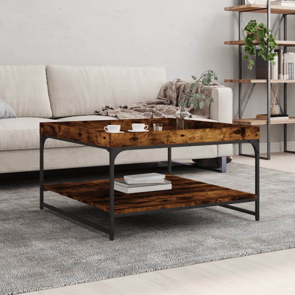Table basse chêne fumé 80x80x45 cm bois d'ingénierie et fer - XIOS
