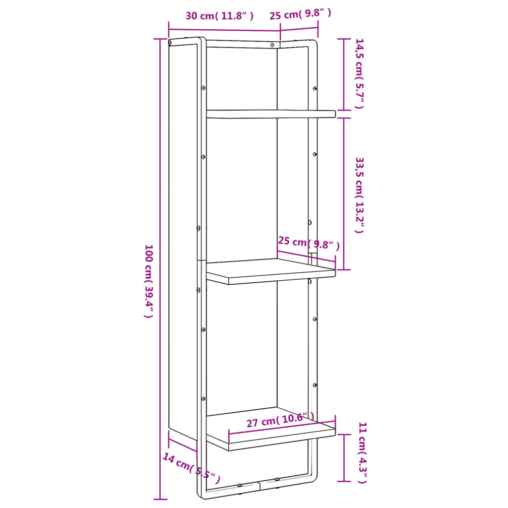 Étagère murale 3 niveaux chêne fumé 30x25x100cm bois ingénierie - XIOS