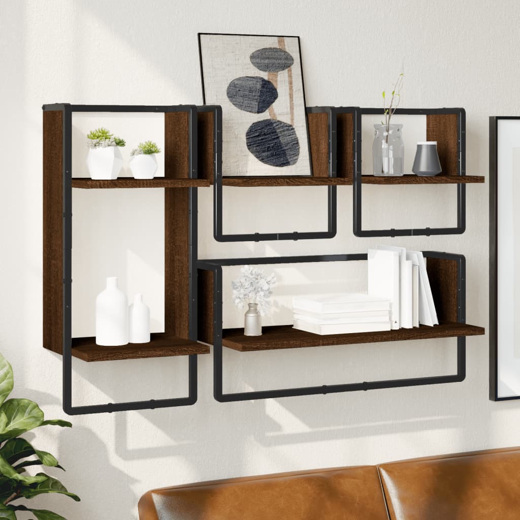 Ensemble d'étagères murales avec barres 4 pcs chêne marron Étagères murales & corniches vidaXL