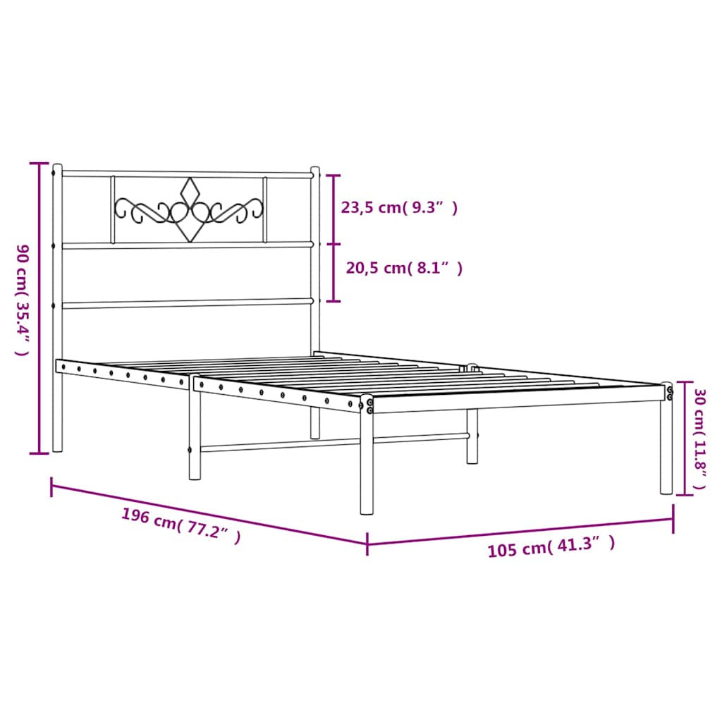 Cadre de lit métal sans matelas avec tête de lit noir 100x190cm