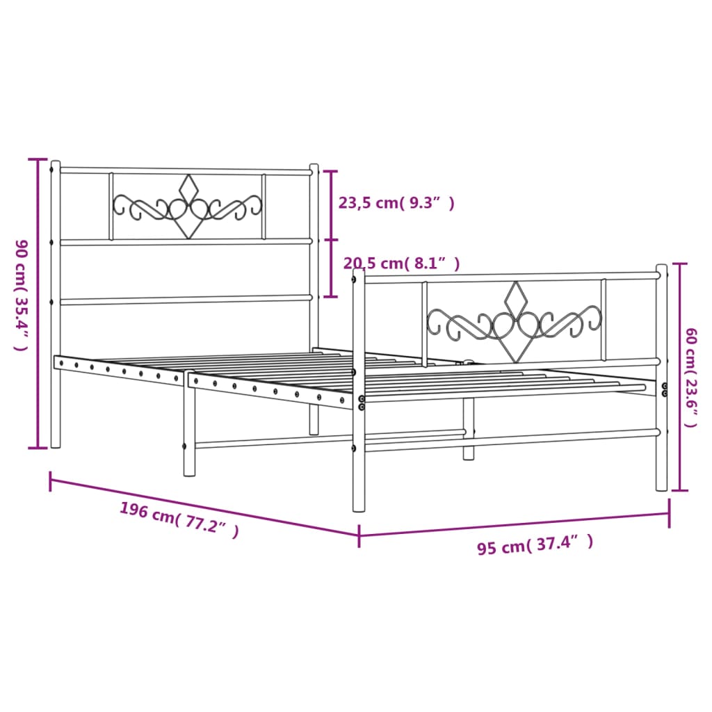 Cadre de lit métal sans matelas avec pied de lit noir 90x190 cm - XIOS