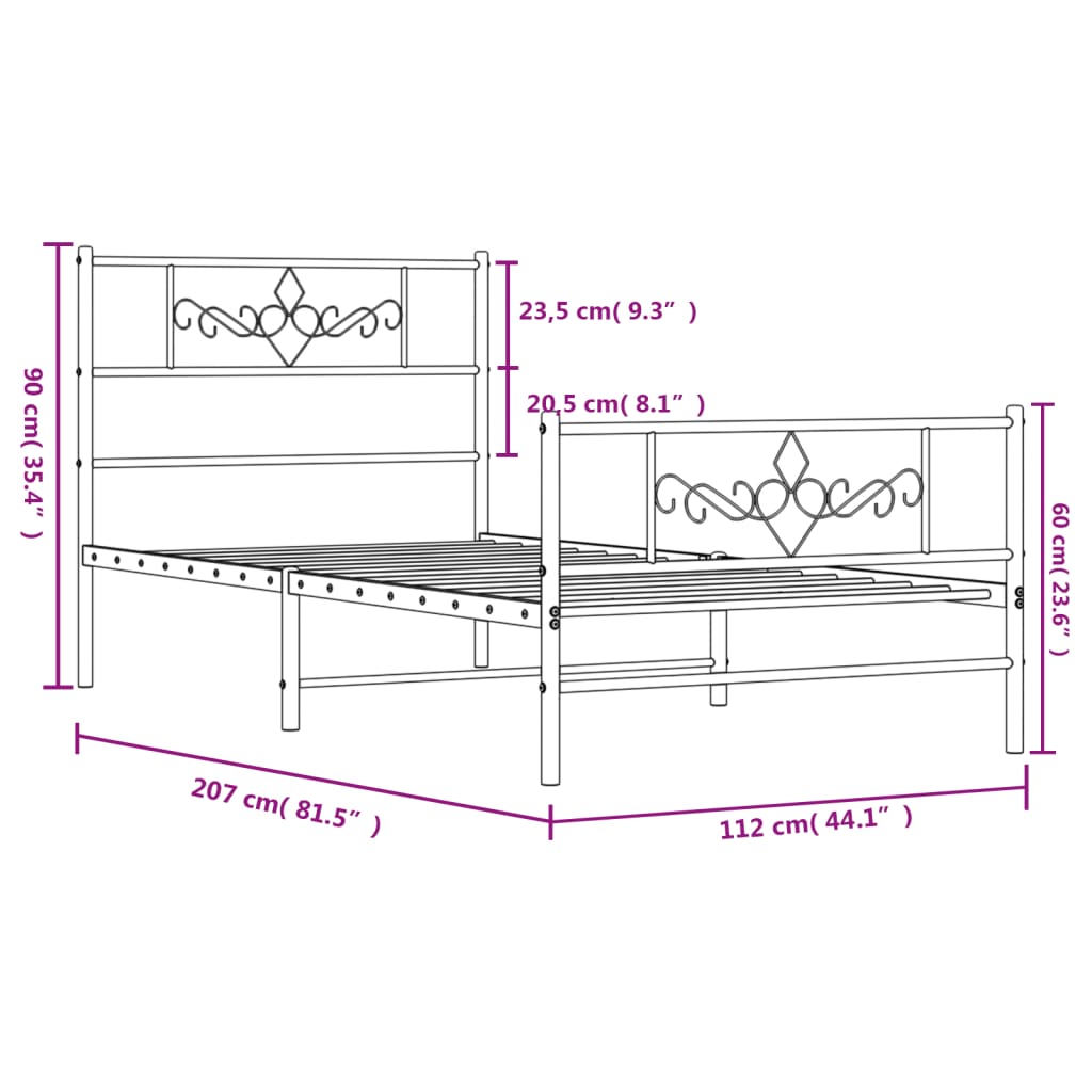 Cadre de lit métal sans matelas avec pied de lit noir 107x203cm - XIOS