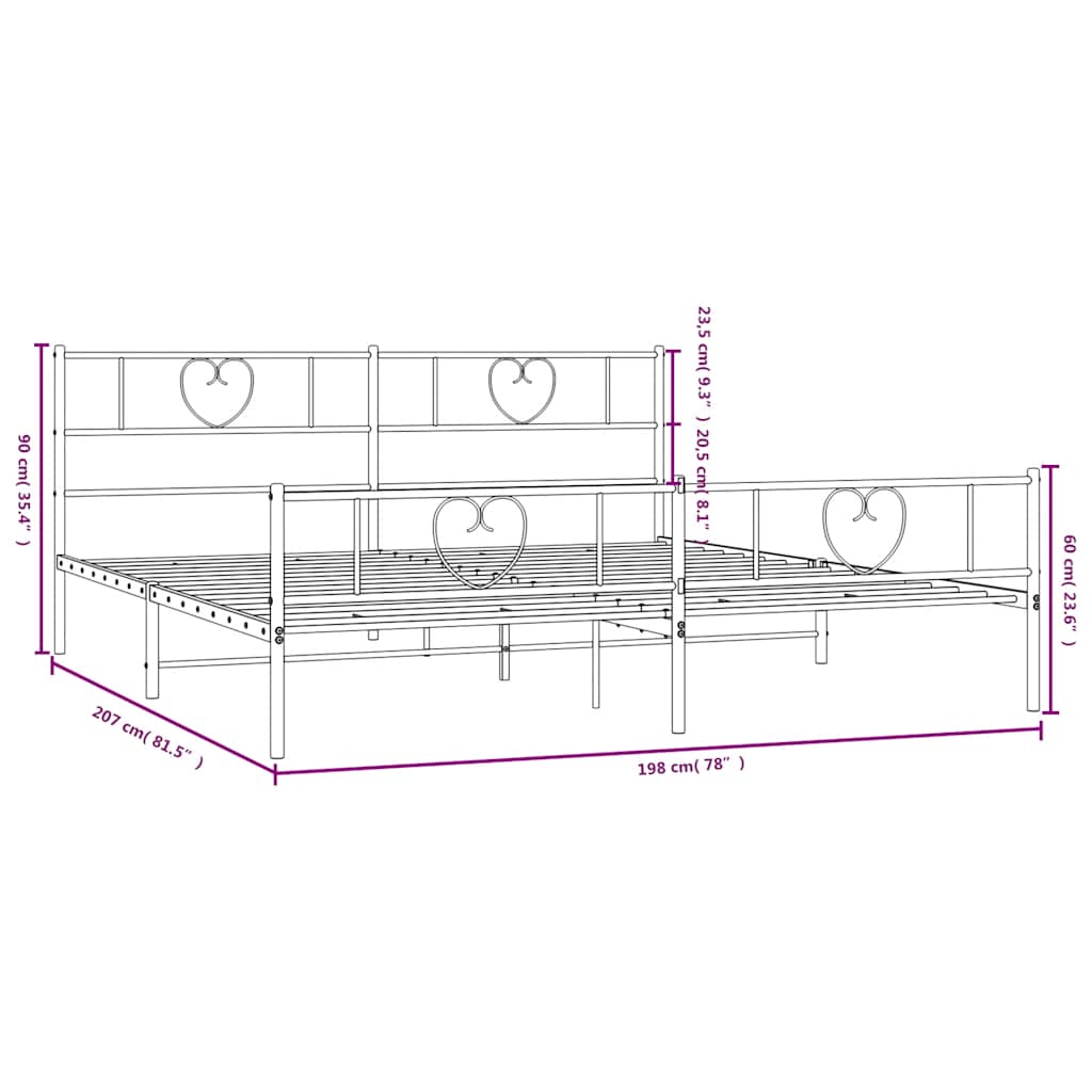 Cadre de lit métal sans matelas avec pied de lit noir 193x203cm - XIOS