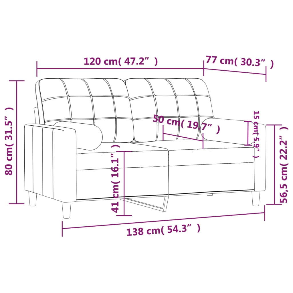 Canapé 2 places avec oreillers décoratifs crème 120 cm tissu - XIOS