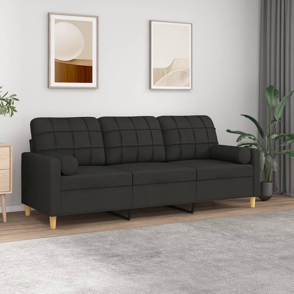 Canapé 3 places avec oreillers décoratifs noir 180 cm tissu - XIOS
