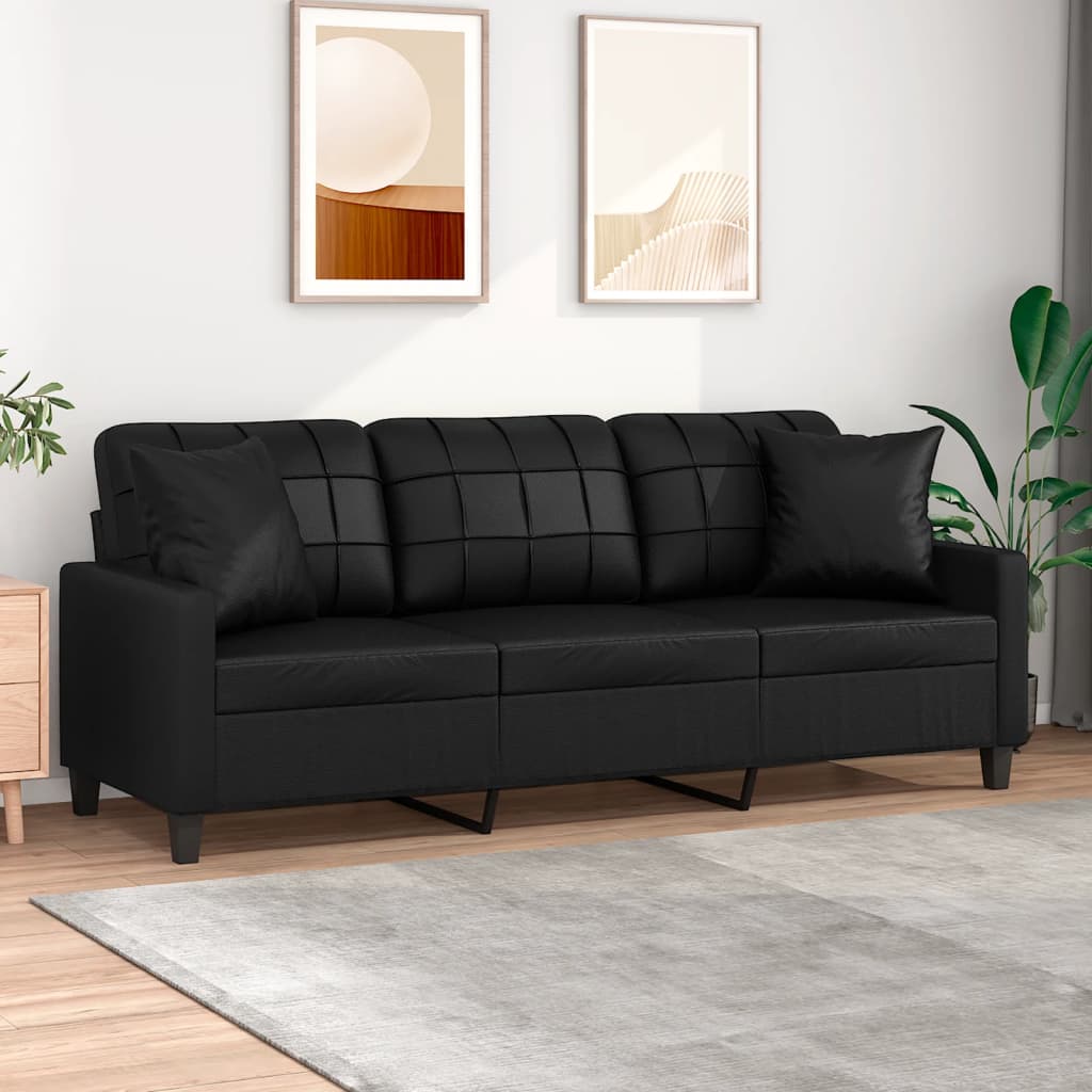Canapé 3 places avec oreillers décoratifs noir 180cm similicuir - XIOS