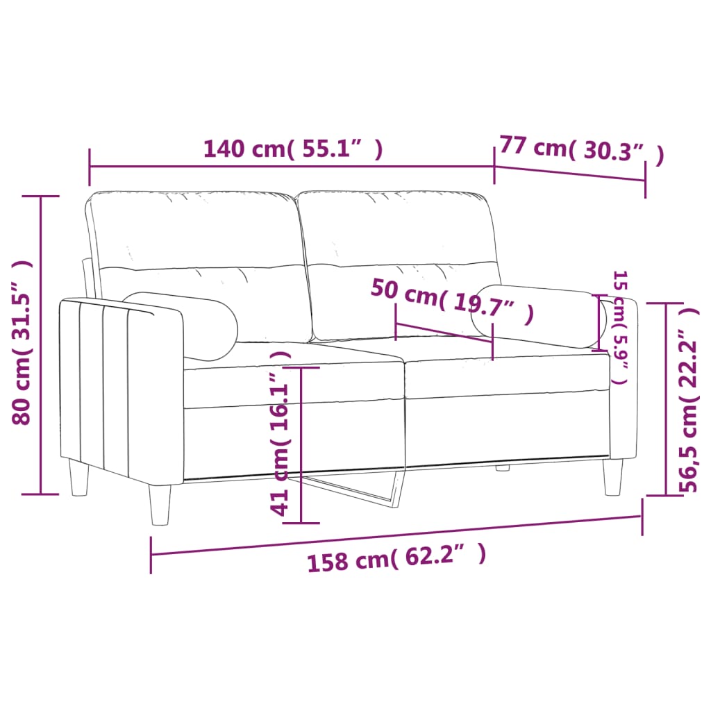 Canapé 2 places avec oreillers décoratifs noir 140 cm tissu