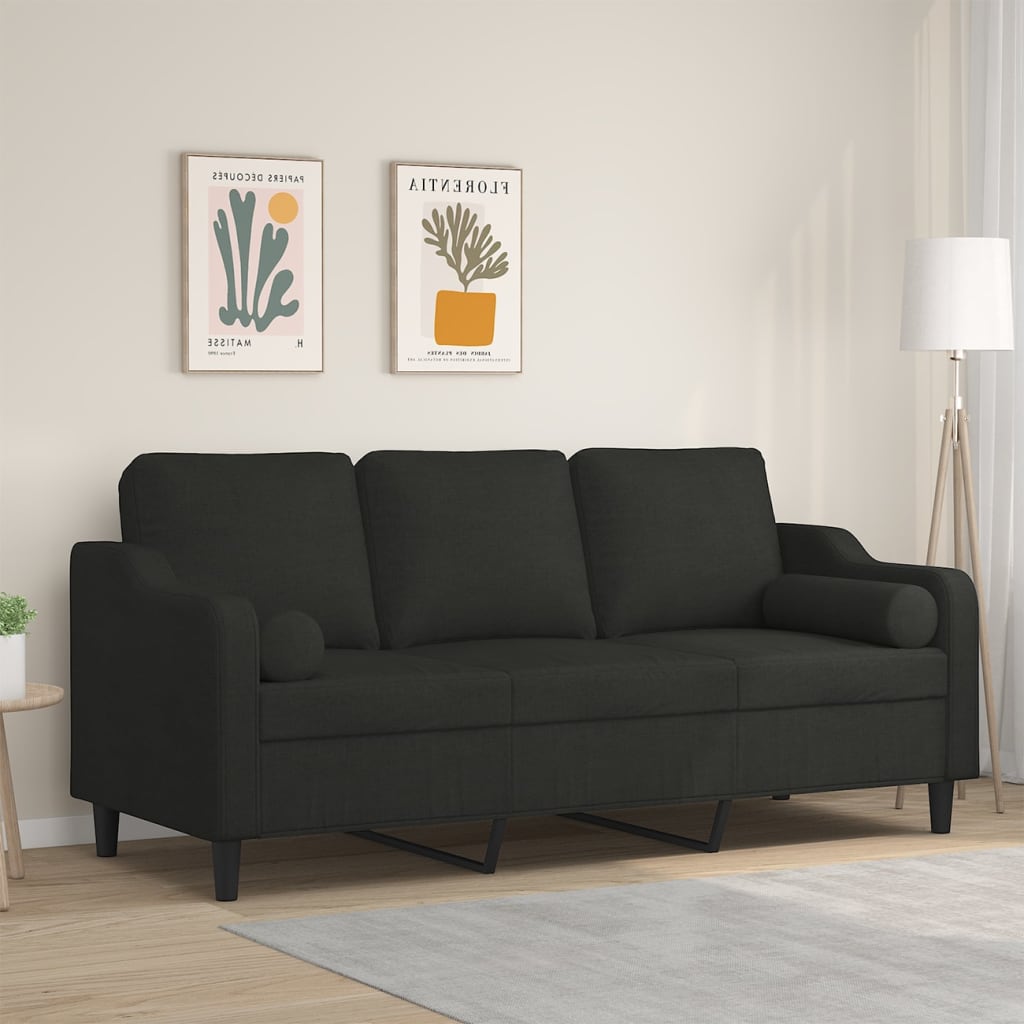 Canapé 3 places avec oreillers décoratifs noir 180 cm tissu - XIOS
