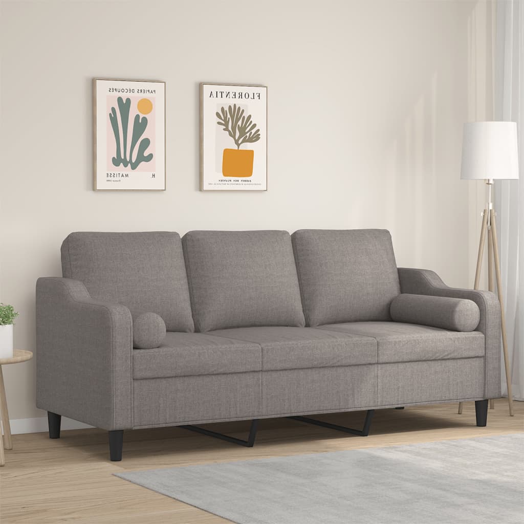 Canapé 3 places avec oreillers décoratifs taupe 180 cm tissu - XIOS