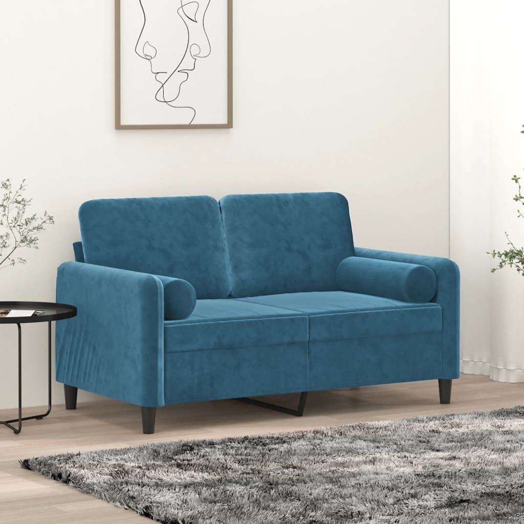 Canapé 2 places avec oreillers décoratifs bleu 120 cm velours - XIOS