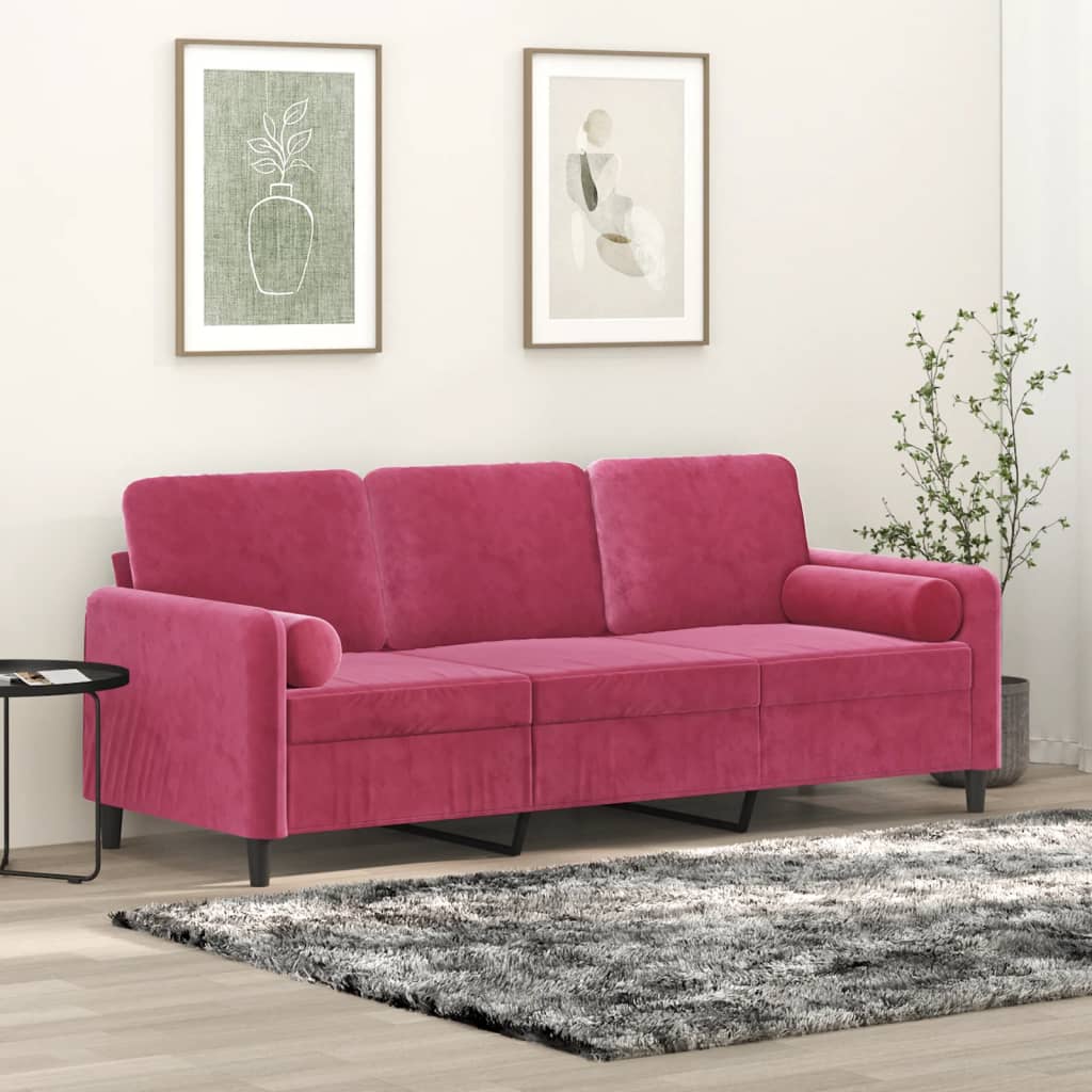 Canapé 3 places avec oreillers bordeaux 180 cm velours - XIOS