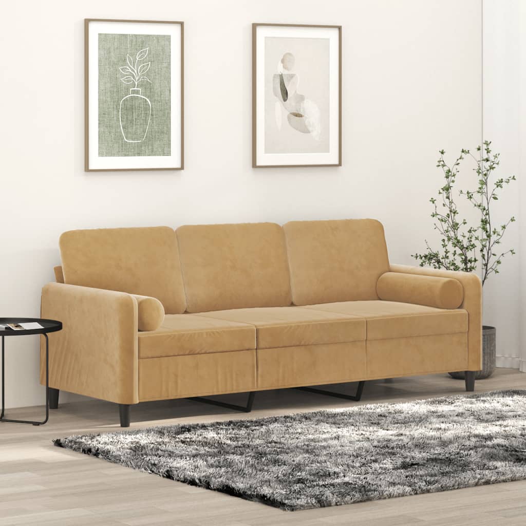 Canapé 3 places avec oreillers décoratifs marron 180 cm velours - XIOS