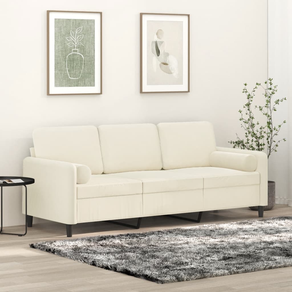 Canapé 3 places avec oreillers décoratifs crème 180 cm velours - XIOS