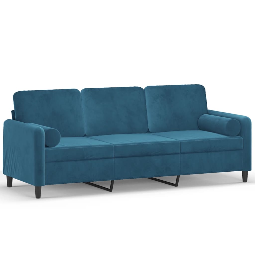 Canapé 3 places avec oreillers décoratifs bleu 180 cm velours - XIOS