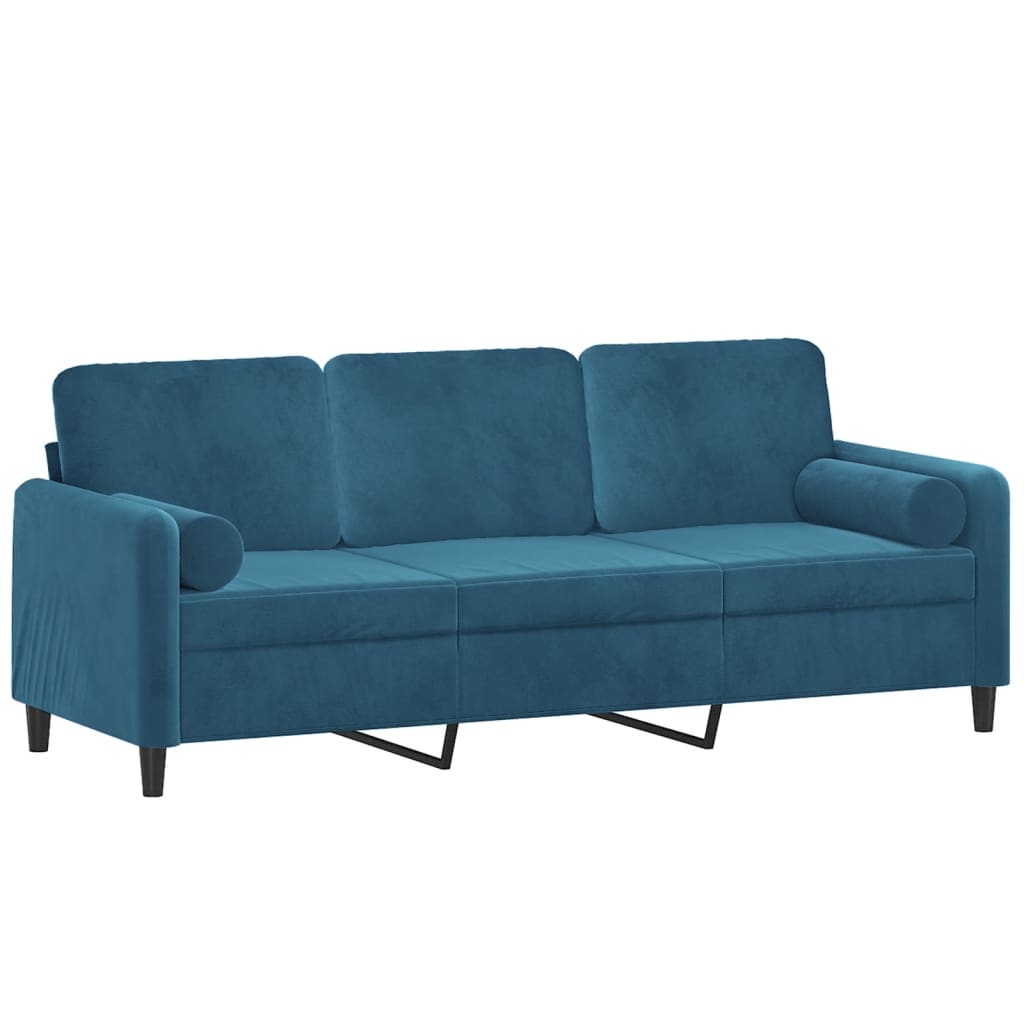 Canapé 3 places avec oreillers décoratifs bleu 180 cm velours - XIOS