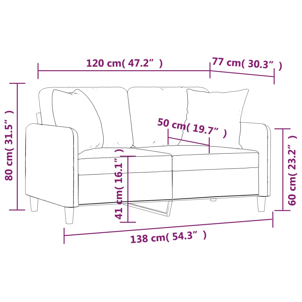 Canapé 2 places avec oreillers bordeaux 120 cm tissu
