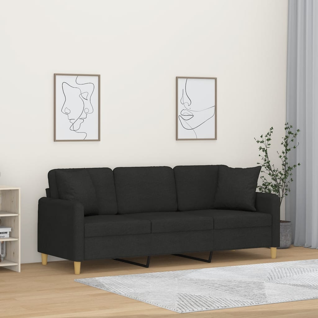 Canapé 3 places avec oreillers décoratifs noir 180 cm tissu - XIOS