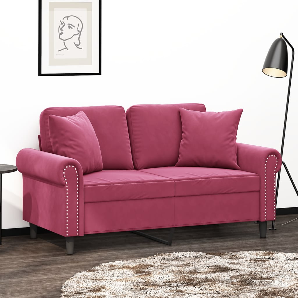 Canapé 2 places avec oreillers bordeaux 120 cm velours - XIOS