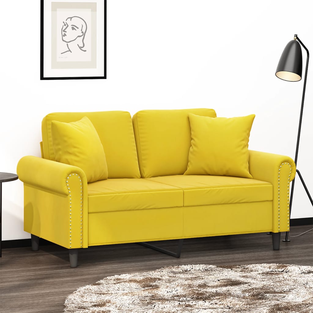 Canapé 2 places avec oreillers décoratifs jaune 120 cm velours - XIOS