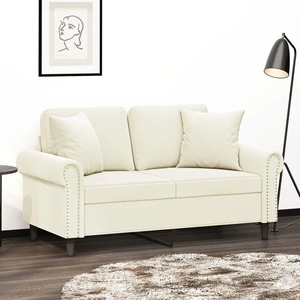 Canapé 2 places avec oreillers décoratifs crème 120 cm velours - XIOS