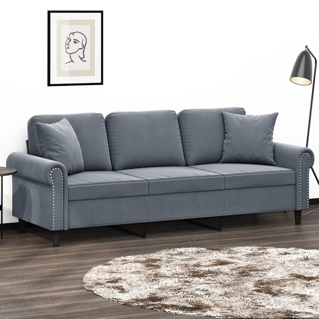 Canapé 3 places avec oreillers gris foncé 180 cm velours - XIOS