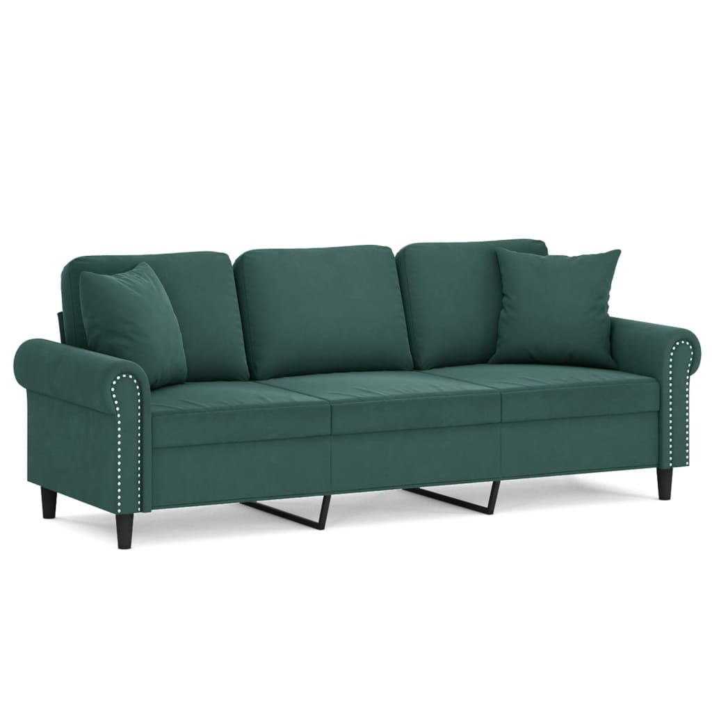 Canapé 3 places avec oreillers vert foncé 180 cm velours - XIOS