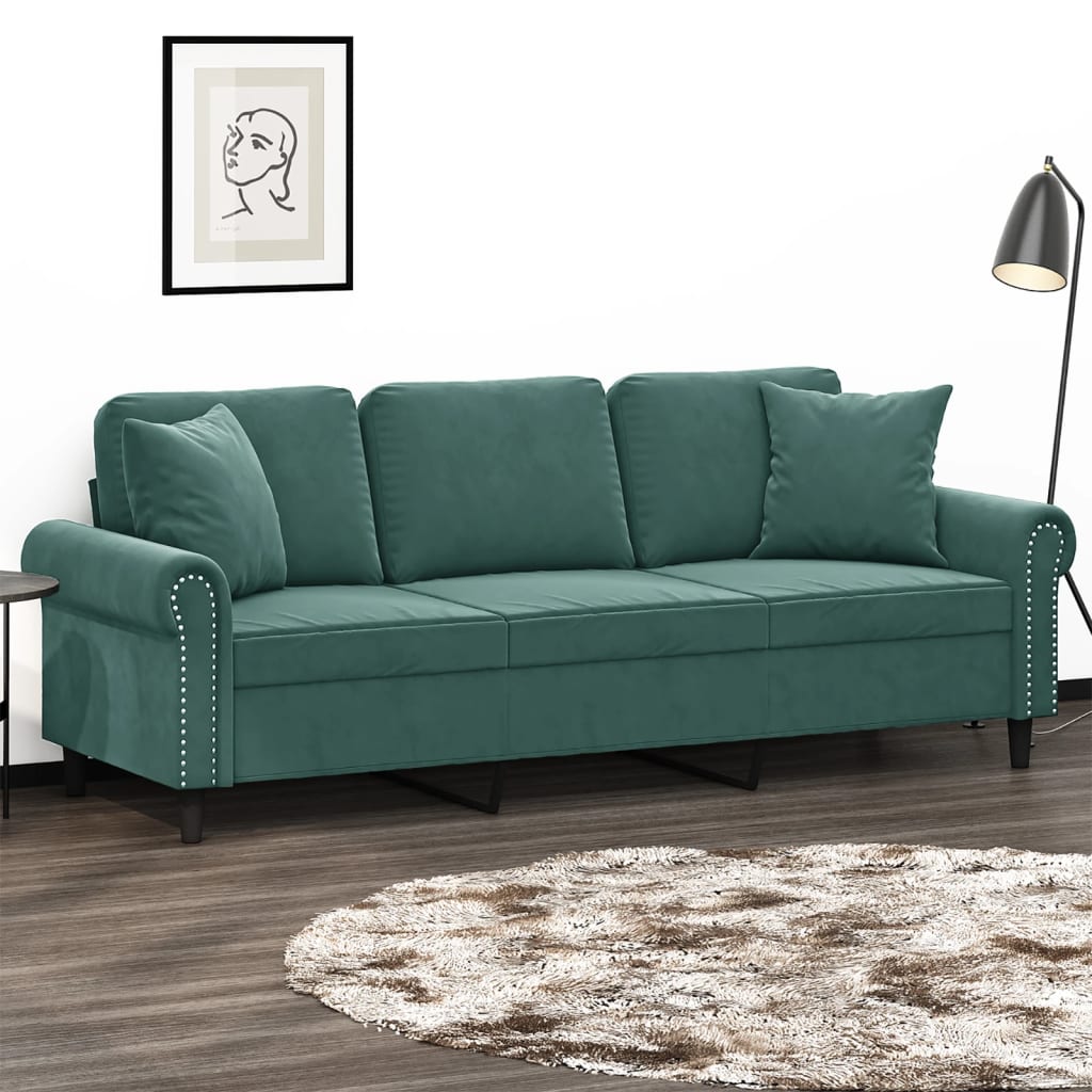 Canapé 3 places avec oreillers vert foncé 180 cm velours - XIOS