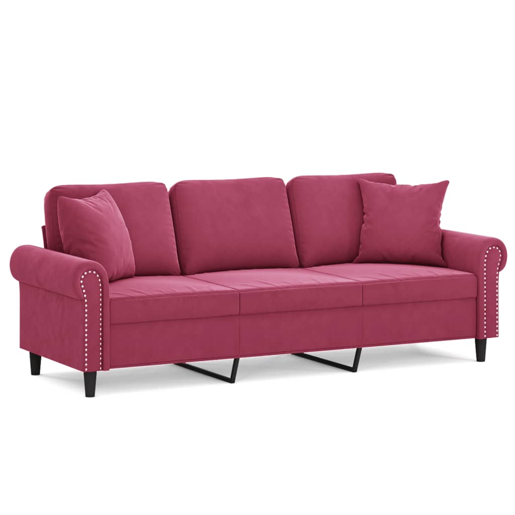 Canapé 3 places avec oreillers bordeaux 180 cm velours - XIOS