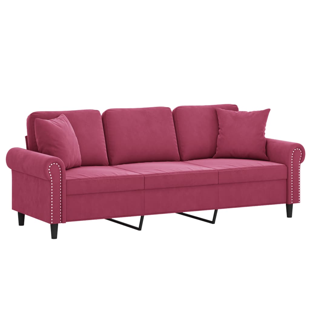 Canapé 3 places avec oreillers bordeaux 180 cm velours - XIOS